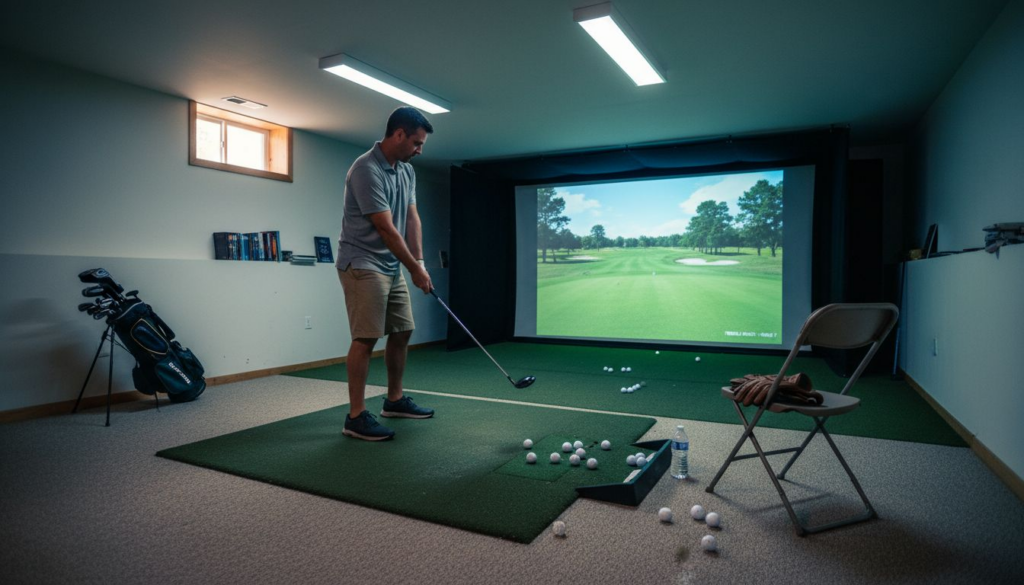 Golfer preparing on indoor golf simulator