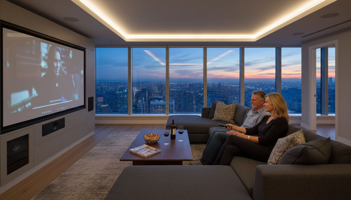 Couple enjoying luxury smart home system
