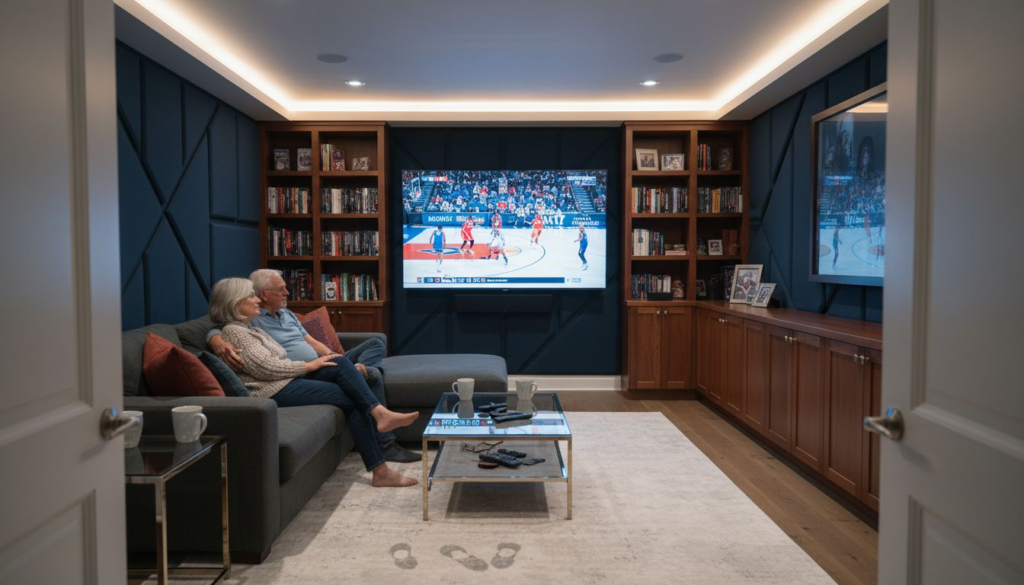 Luxury media room with couple watching TV