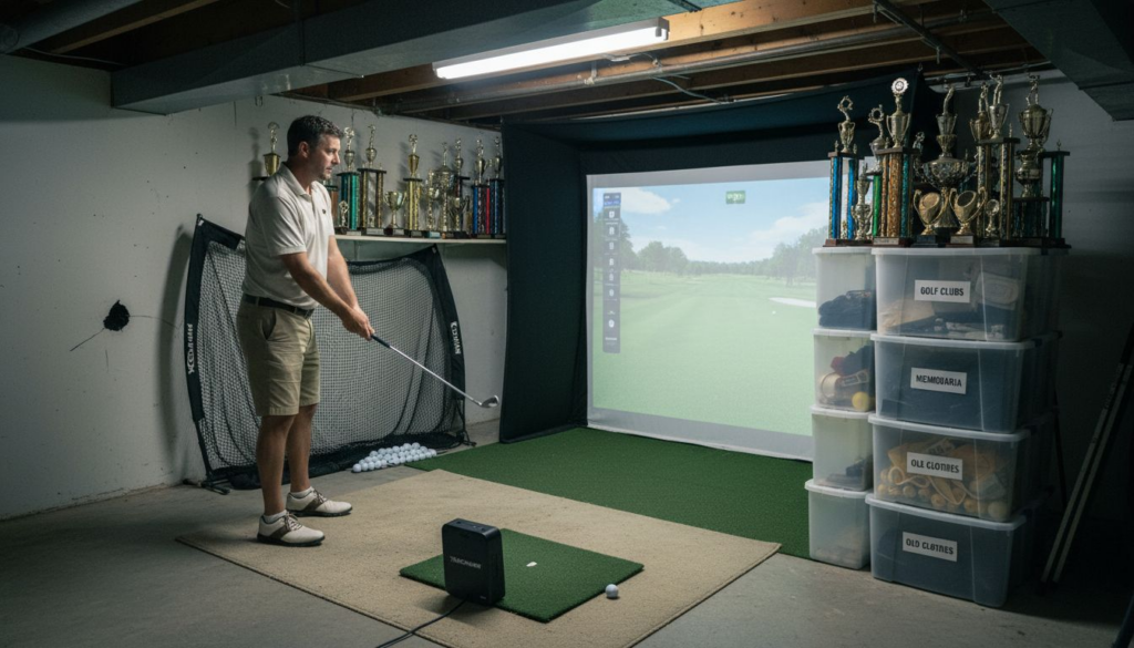 Golfer setting up in a compact home simulator