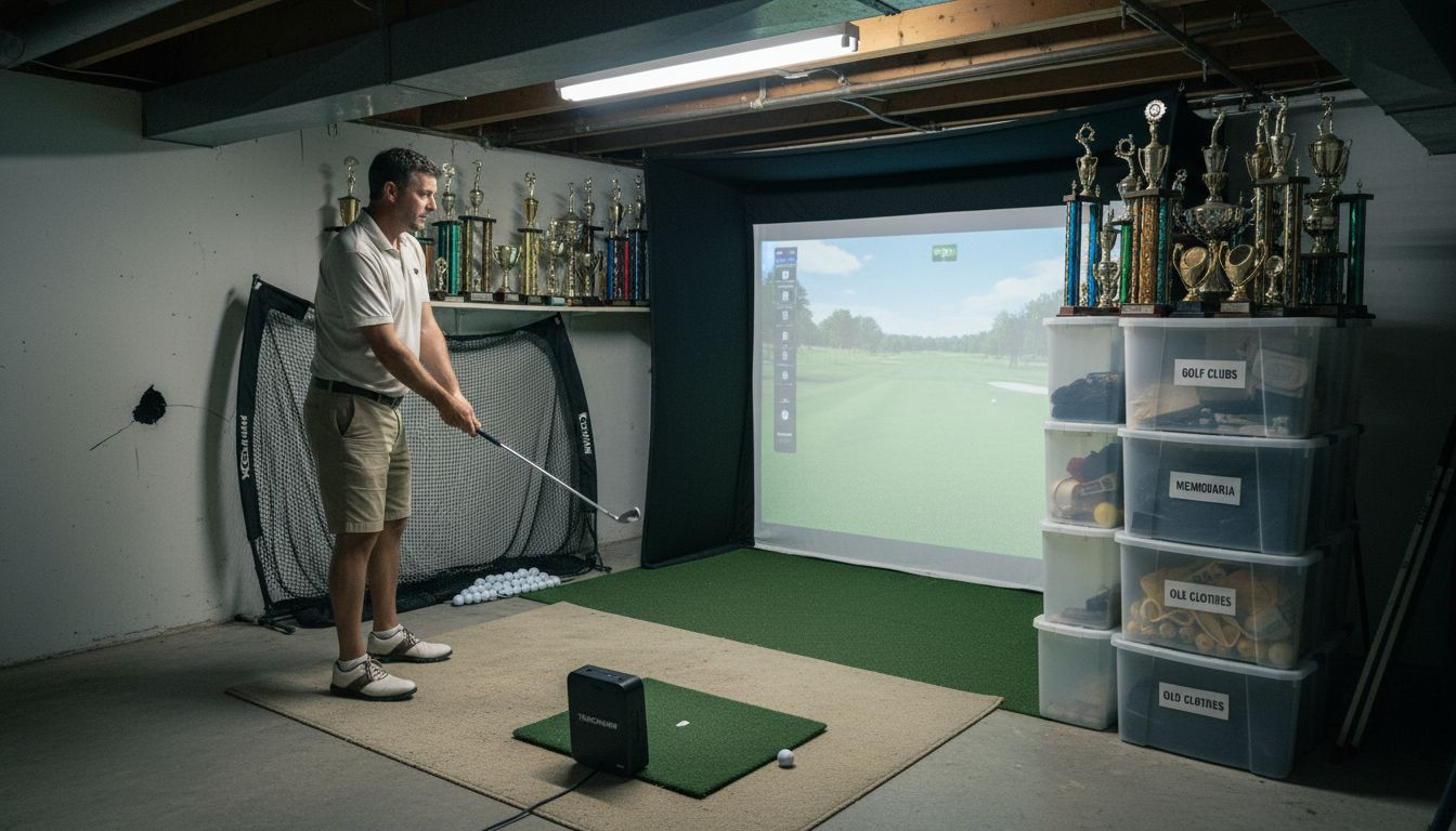 Golfer setting up in a compact home simulator