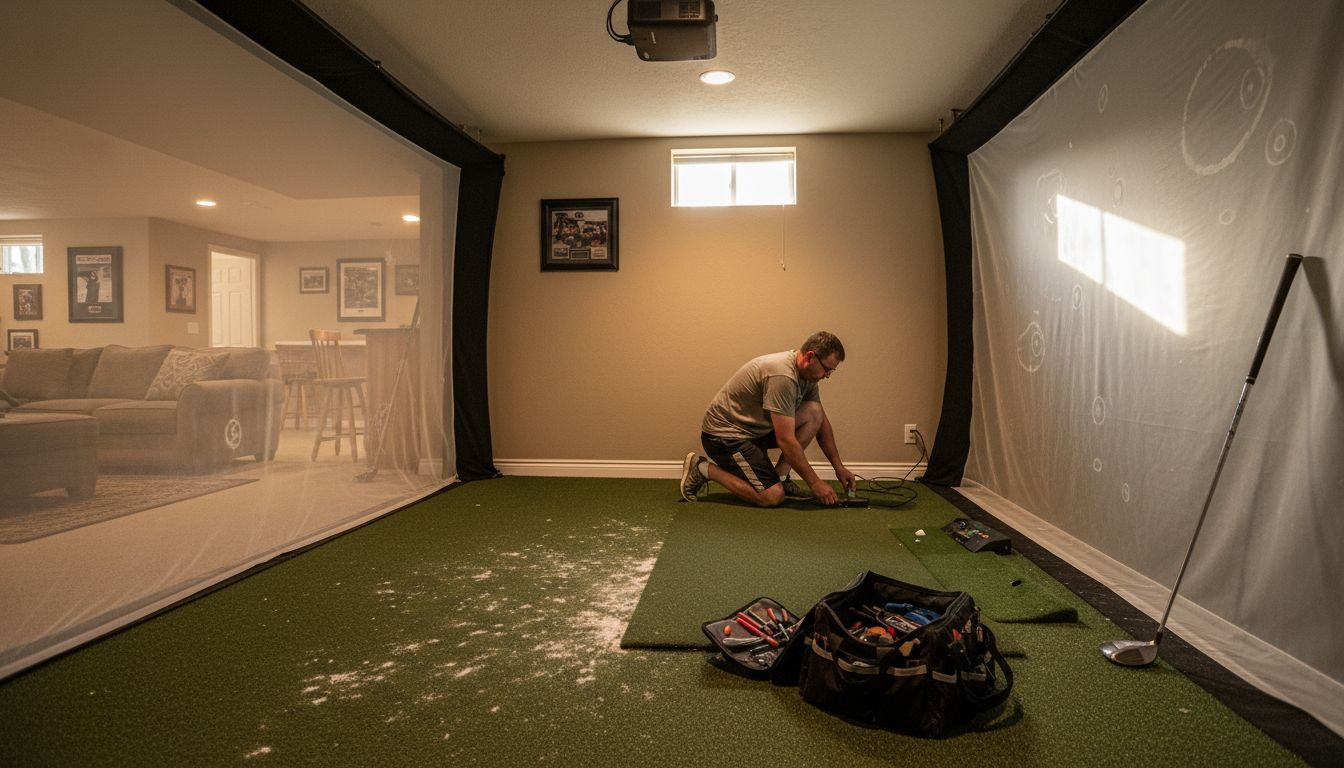 Person adjusting home golf simulator sensors