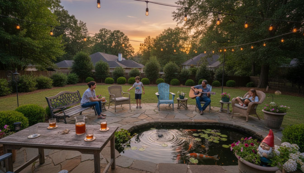 Atlanta family enjoying backyard landscape audio