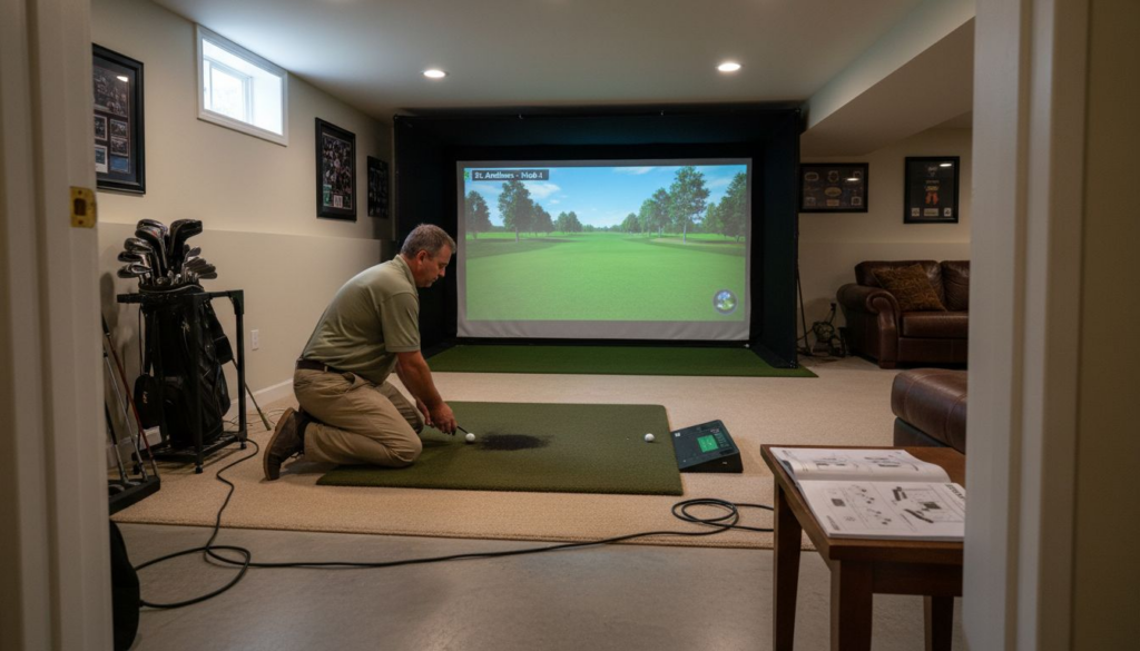 Man setting up golf simulator at home