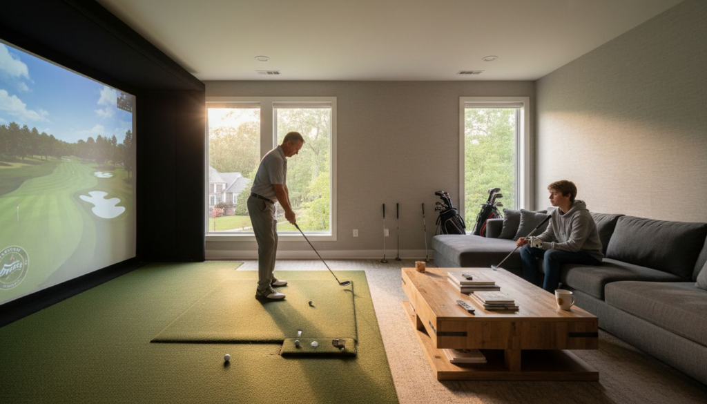 Family using home golf simulator in Atlanta basement