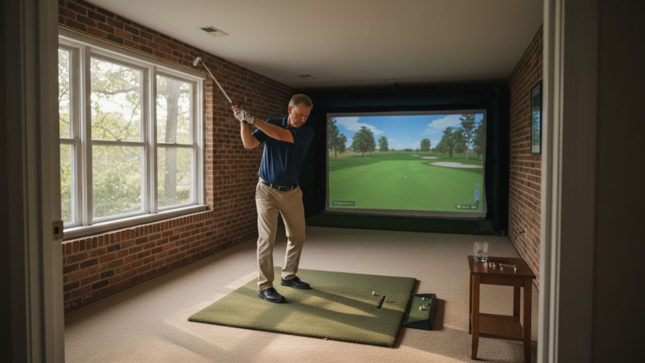 Homeowner using golf simulator in Atlanta basement