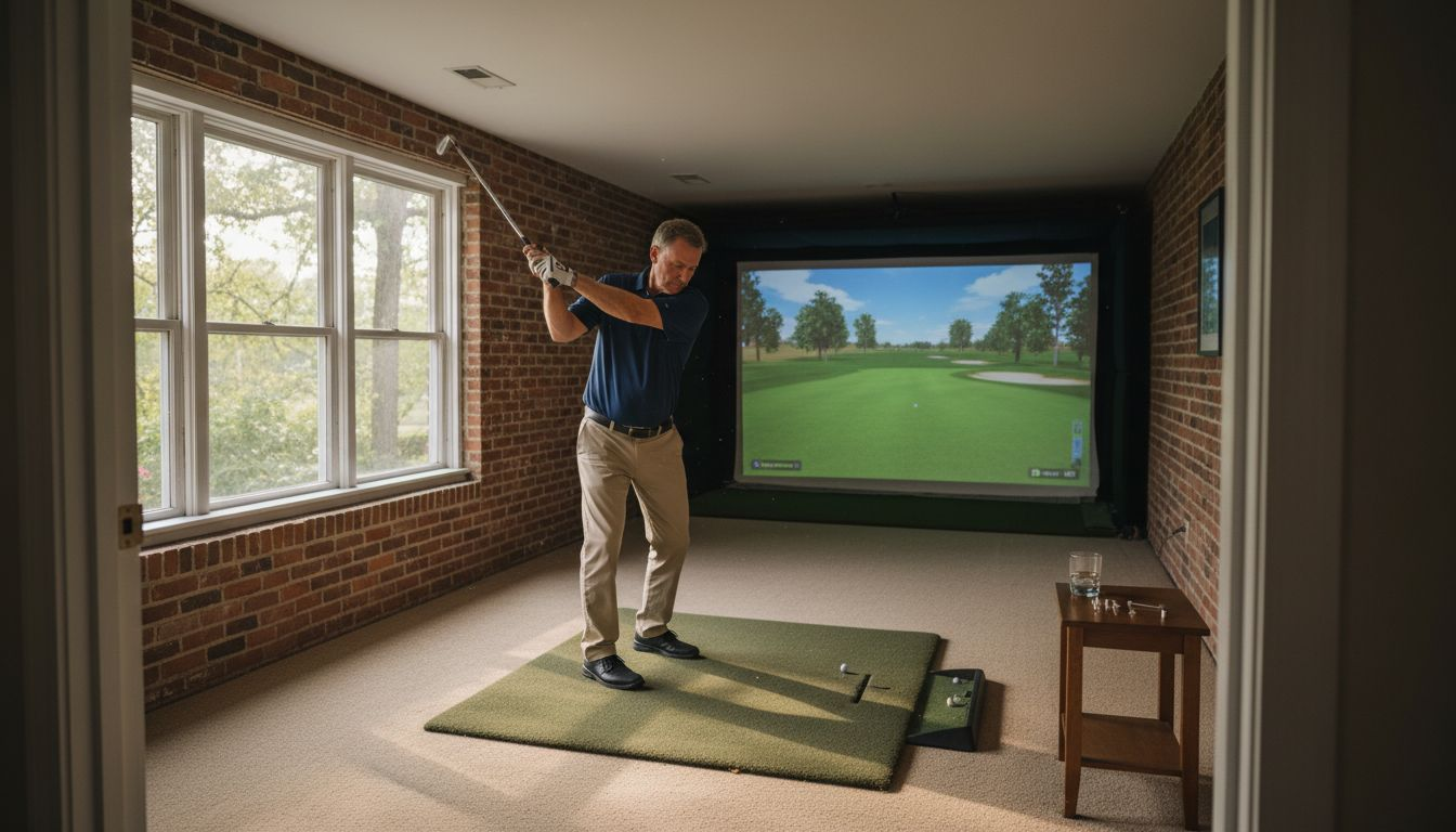 Homeowner using golf simulator in Atlanta basement