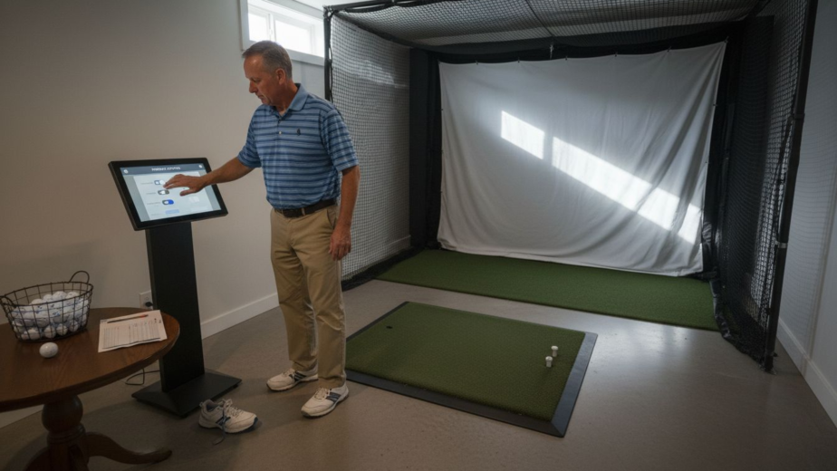 Man adjusting golf simulator privacy settings