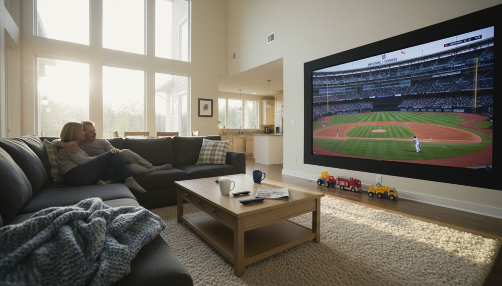 Couple enjoying immersive home video wall