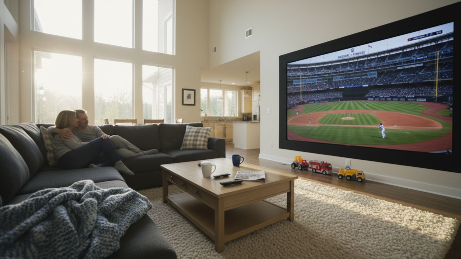 Couple enjoying immersive home video wall
