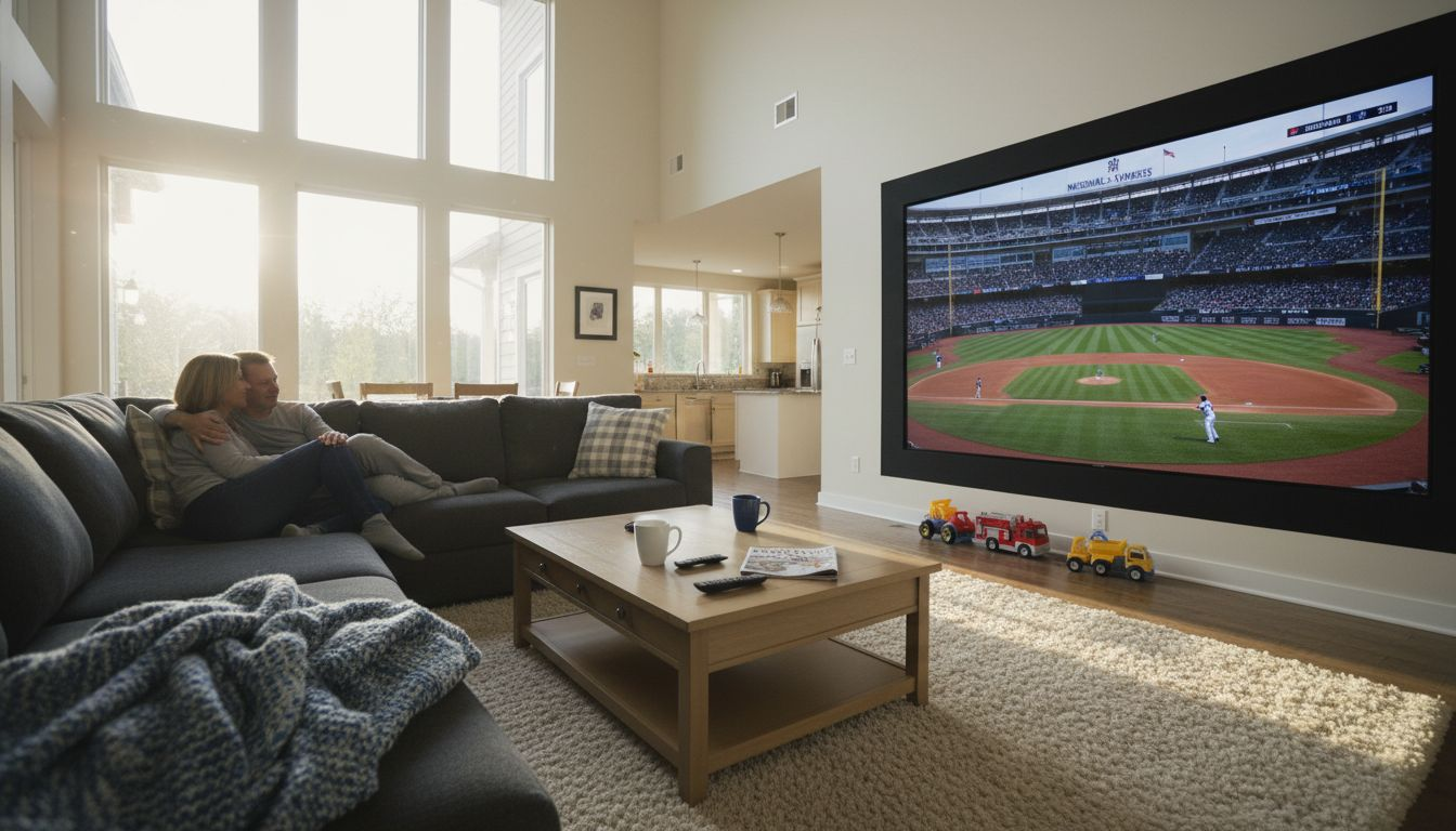 Couple enjoying immersive home video wall