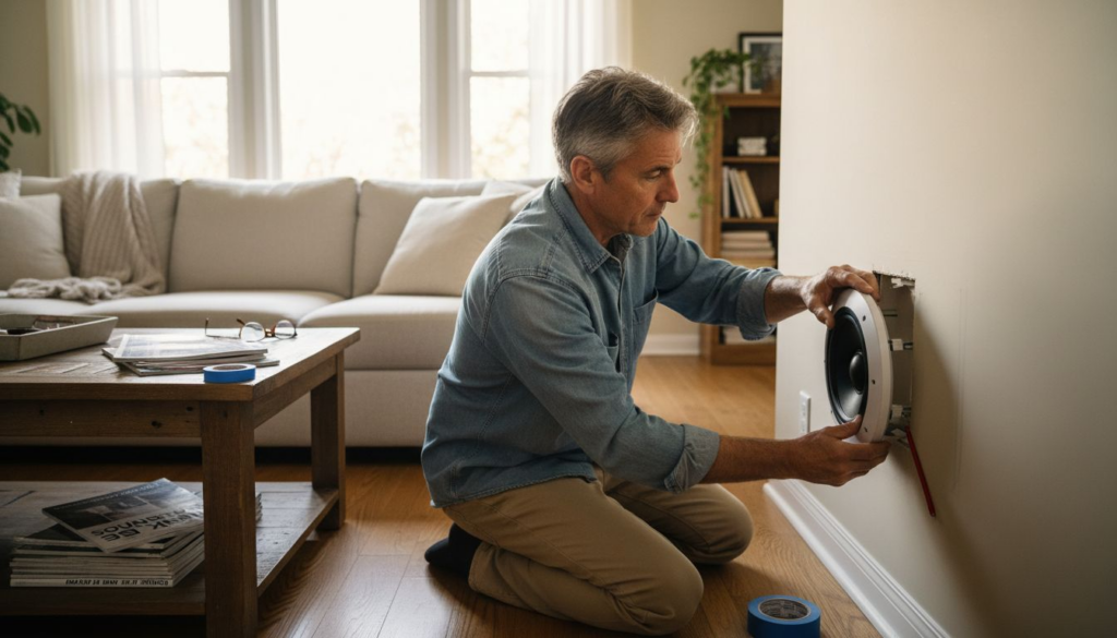 Homeowner installing in-wall speaker in living room