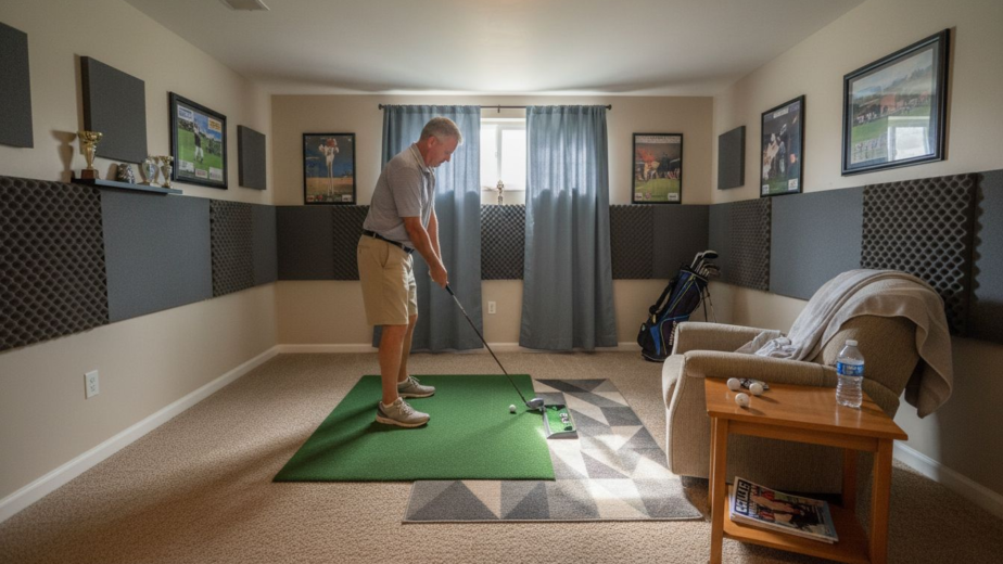 Home golf simulator with acoustic treatments