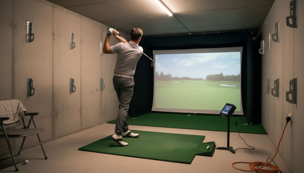 Man practicing in home golf simulator room