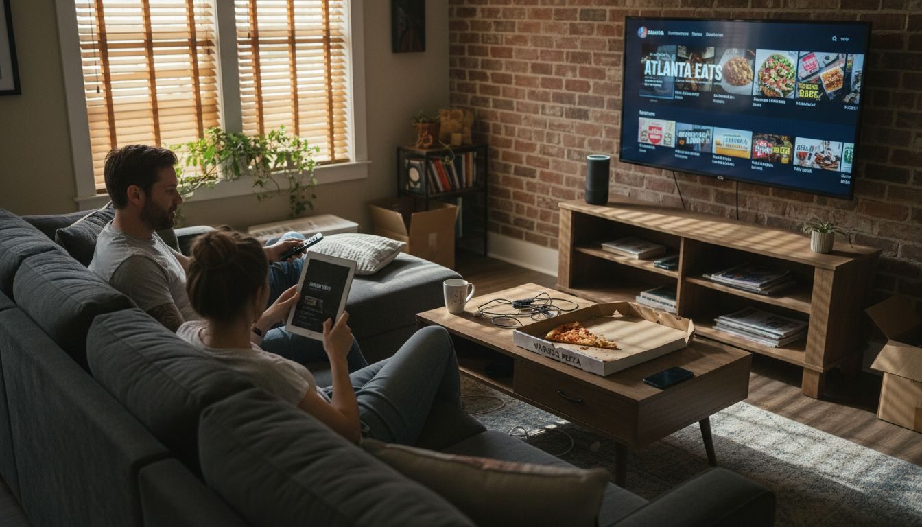 Couple using smart entertainment in Atlanta living room