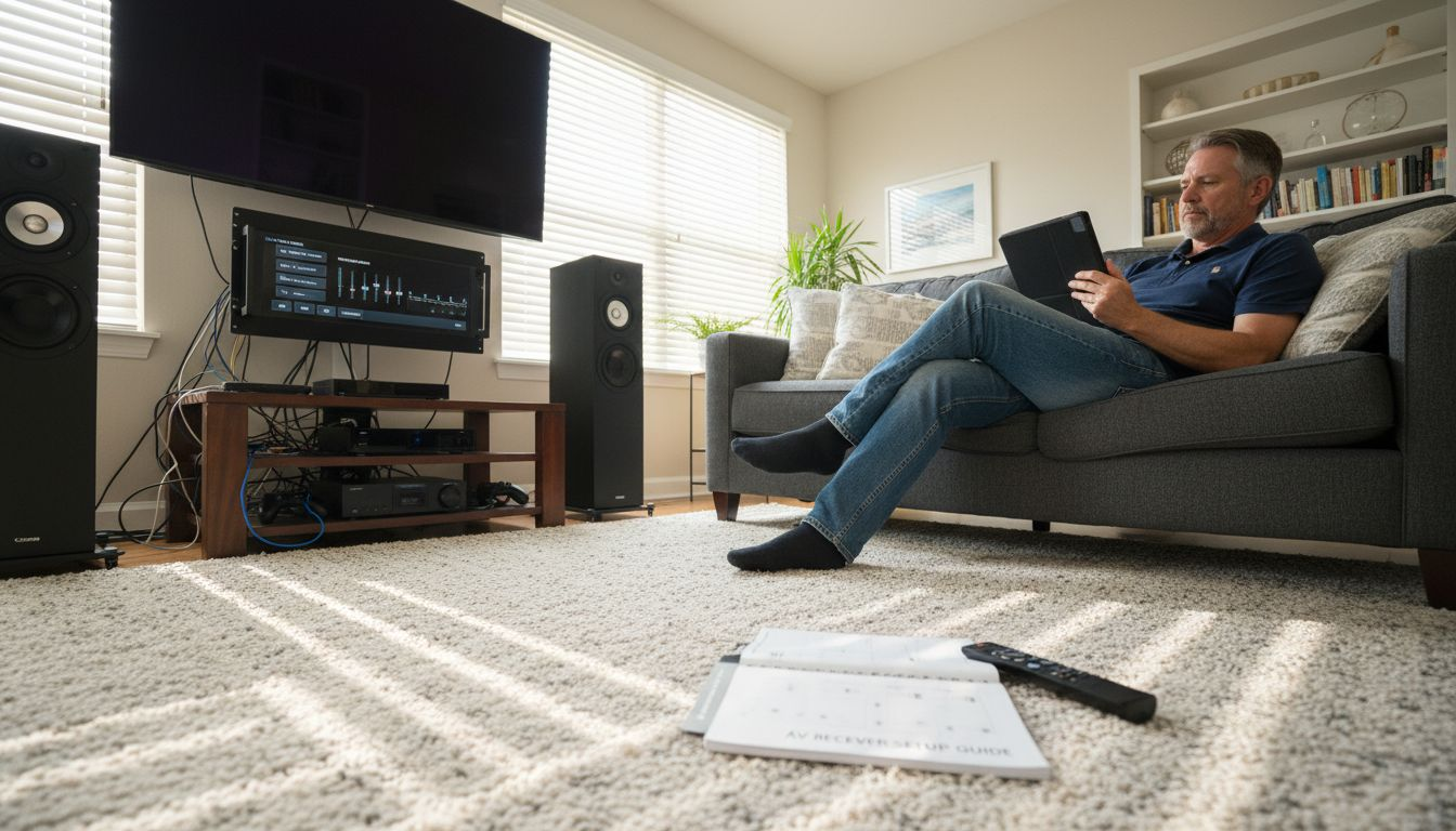 Person setting up networked audio in home theater