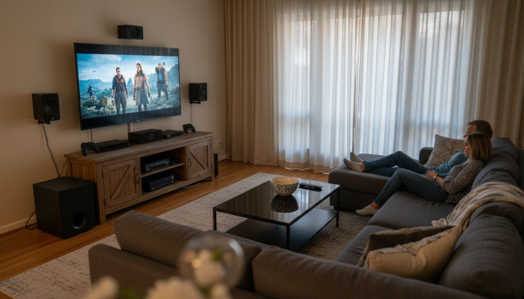 Couple in home theater with audio setup