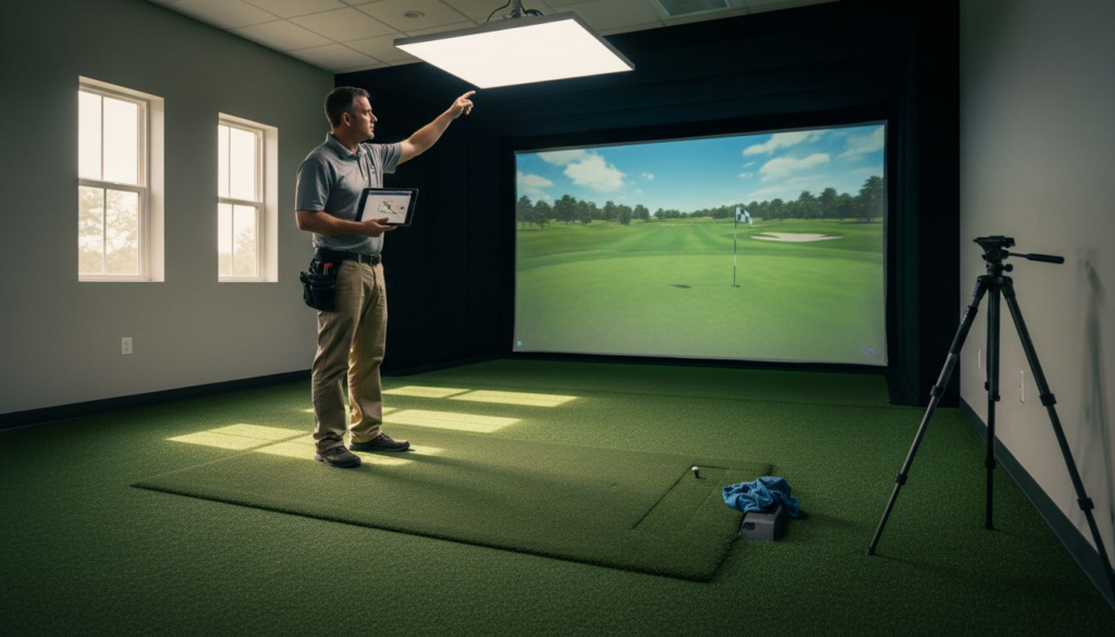 Technician adjusting lighting in golf simulator