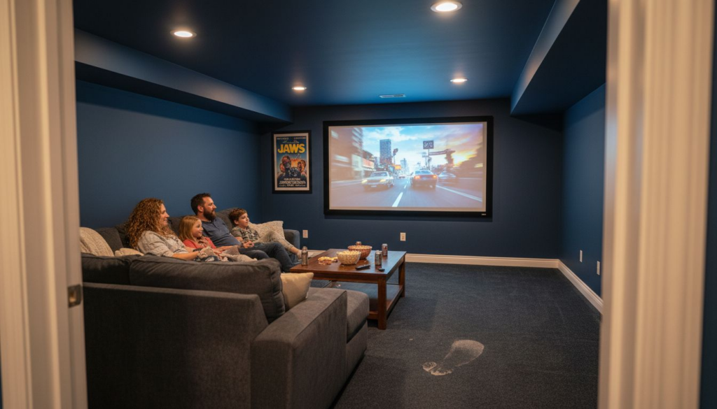 Family relaxing in home cinema with projector screen
