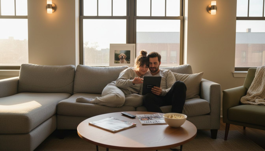Couple controlling smart lighting in living room