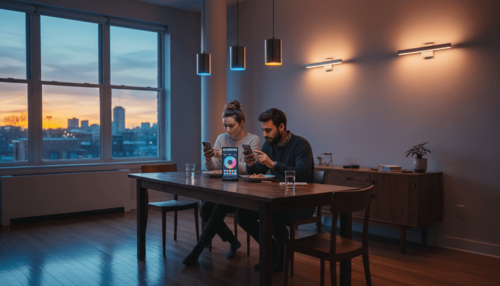 Smart home couple adjusting automated lighting