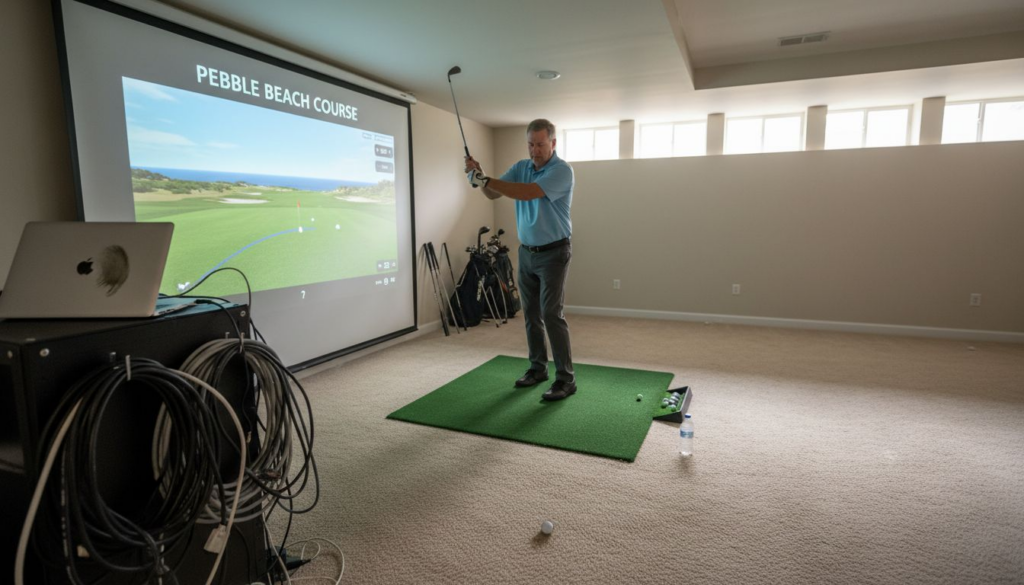 Golf simulator streaming setup in basement