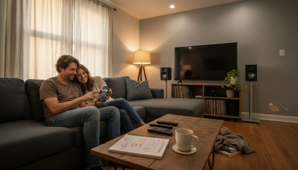 Couple adjusting smart lighting in living room