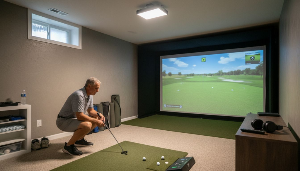 Man preparing to putt in home golf simulator room