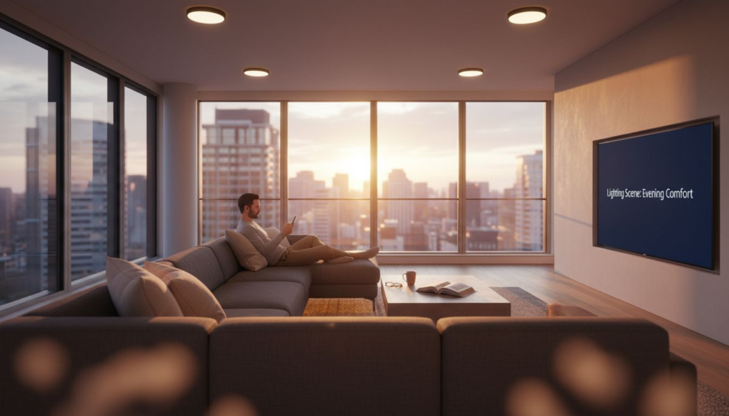Man relaxing in smart-lit living room